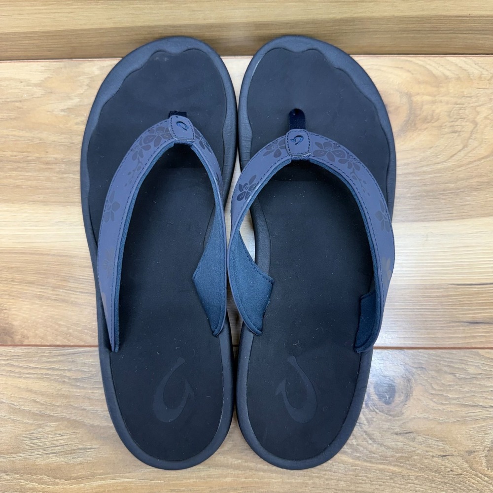 Olukai Ohana Flip Flops Womens 10 Blue Floral Thong Sandals Travel Casual - Picture 10 of 10